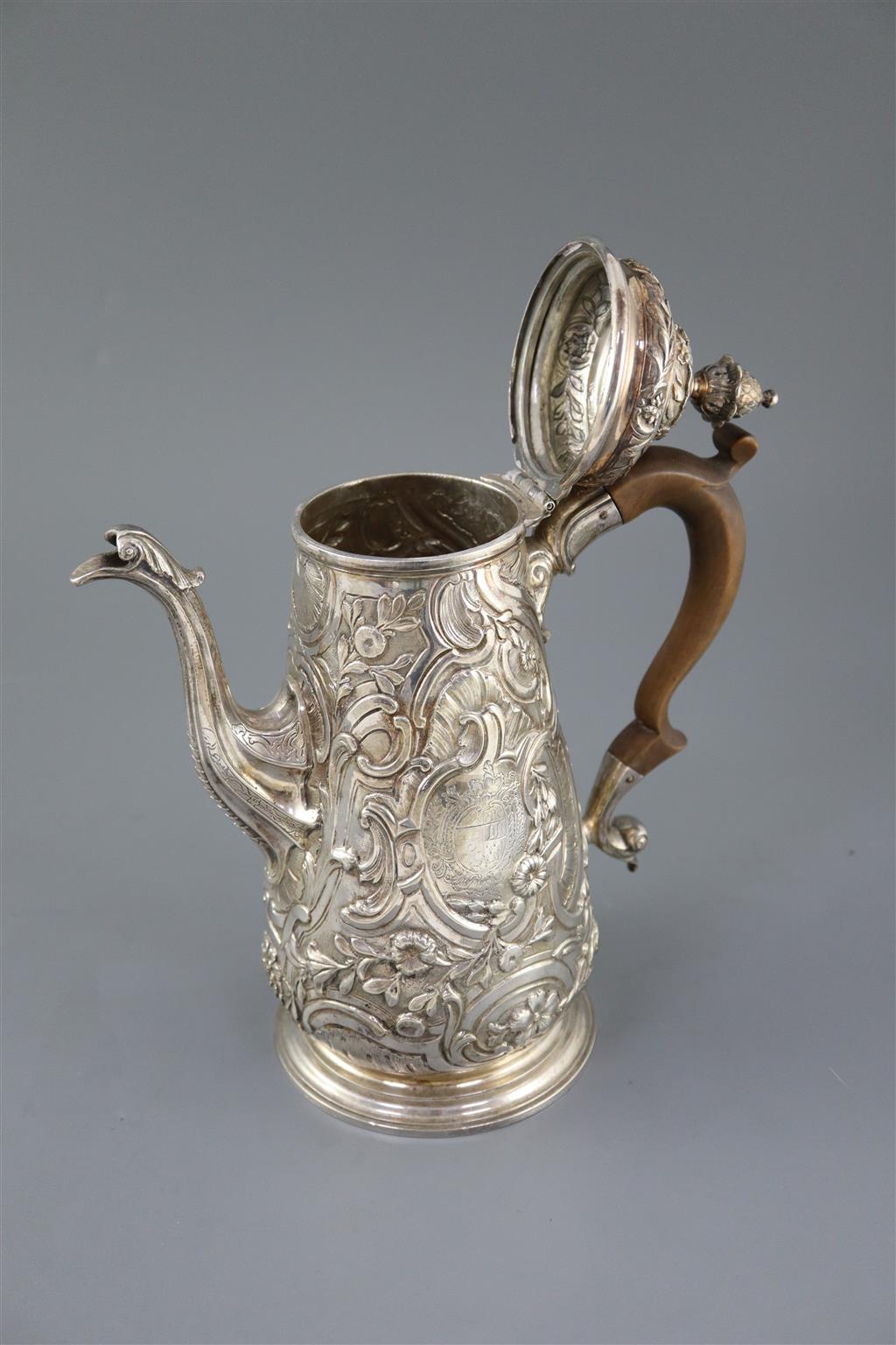 A late George II rococo tapered cylindrical coffee pot by Edward Aldridge, gross 26.5oz.